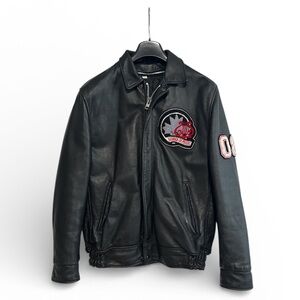 Men's Vintage Black Varsity Leather Jacket with Red Patch